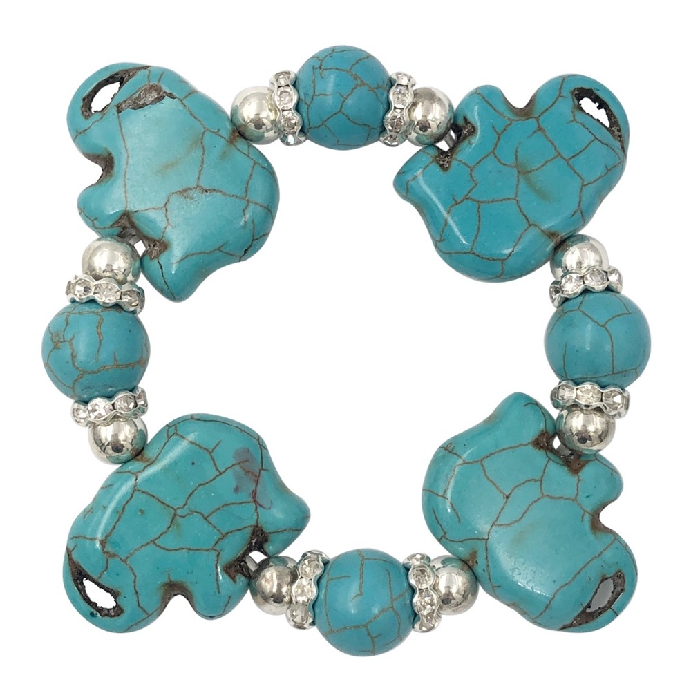 Chunky Turquoise Stone Elephant & Rhinestone Silver Beaded Stretch Bracelet